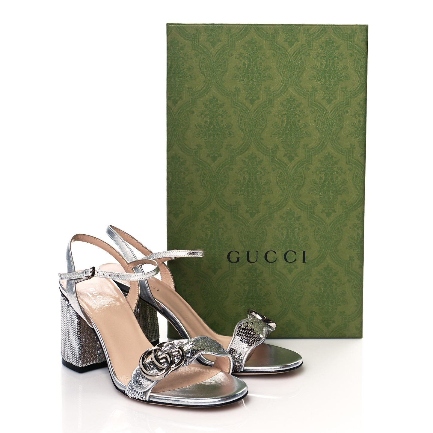 Sequin Satin Nappa GG Marmont Ankle Wrap 75mm Sandals 36 Silver Grigio Argento