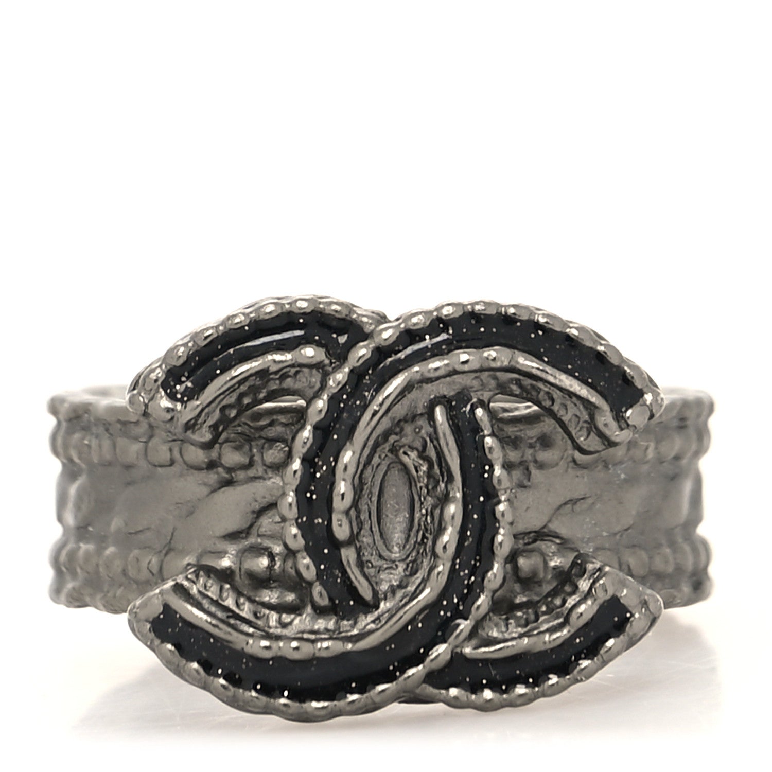 Chanel Ruthenium Glitter Enamel CC Ring 6.5 53 Black Silver 1 of 4