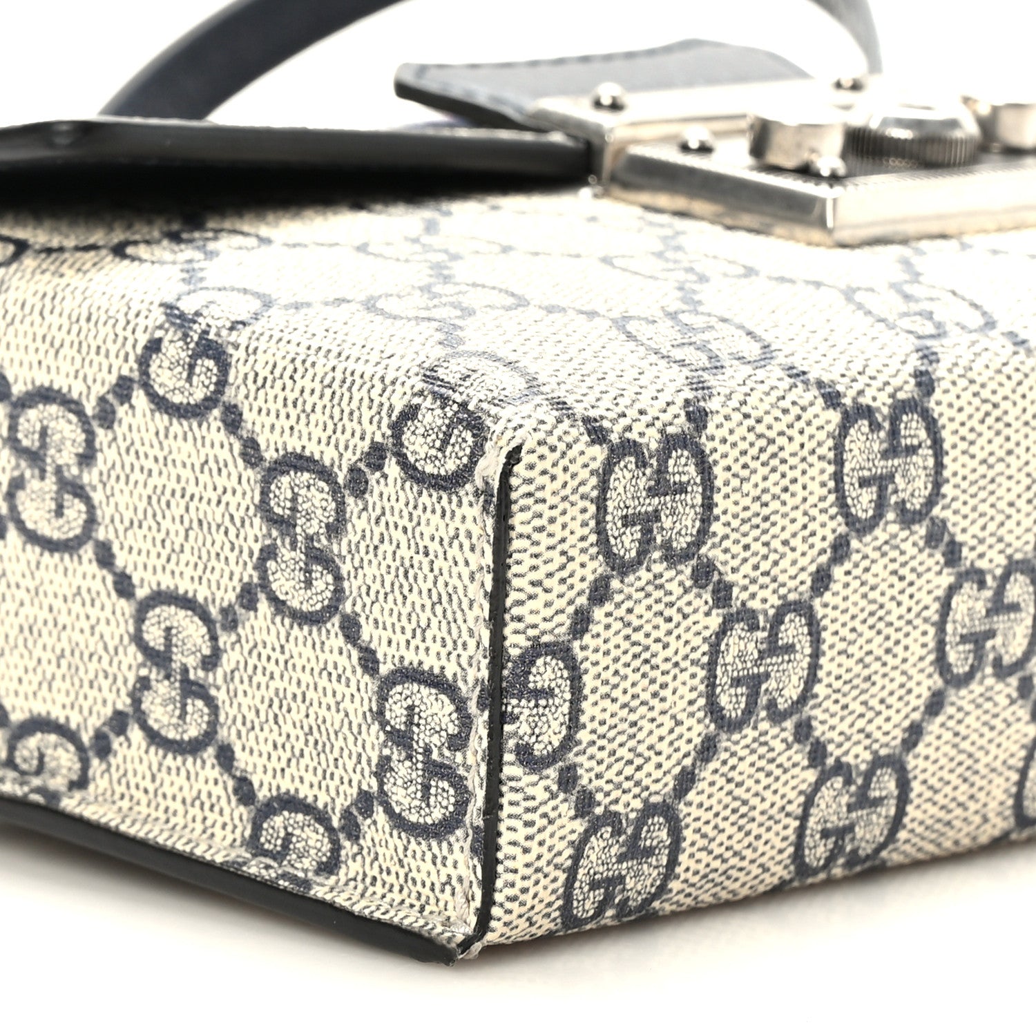 Gucci GG Supreme Monogram Textured Dollar Calfskin Web Mini Padlock Top Handle Shoulder Bag Beige Blue 8 of 9
