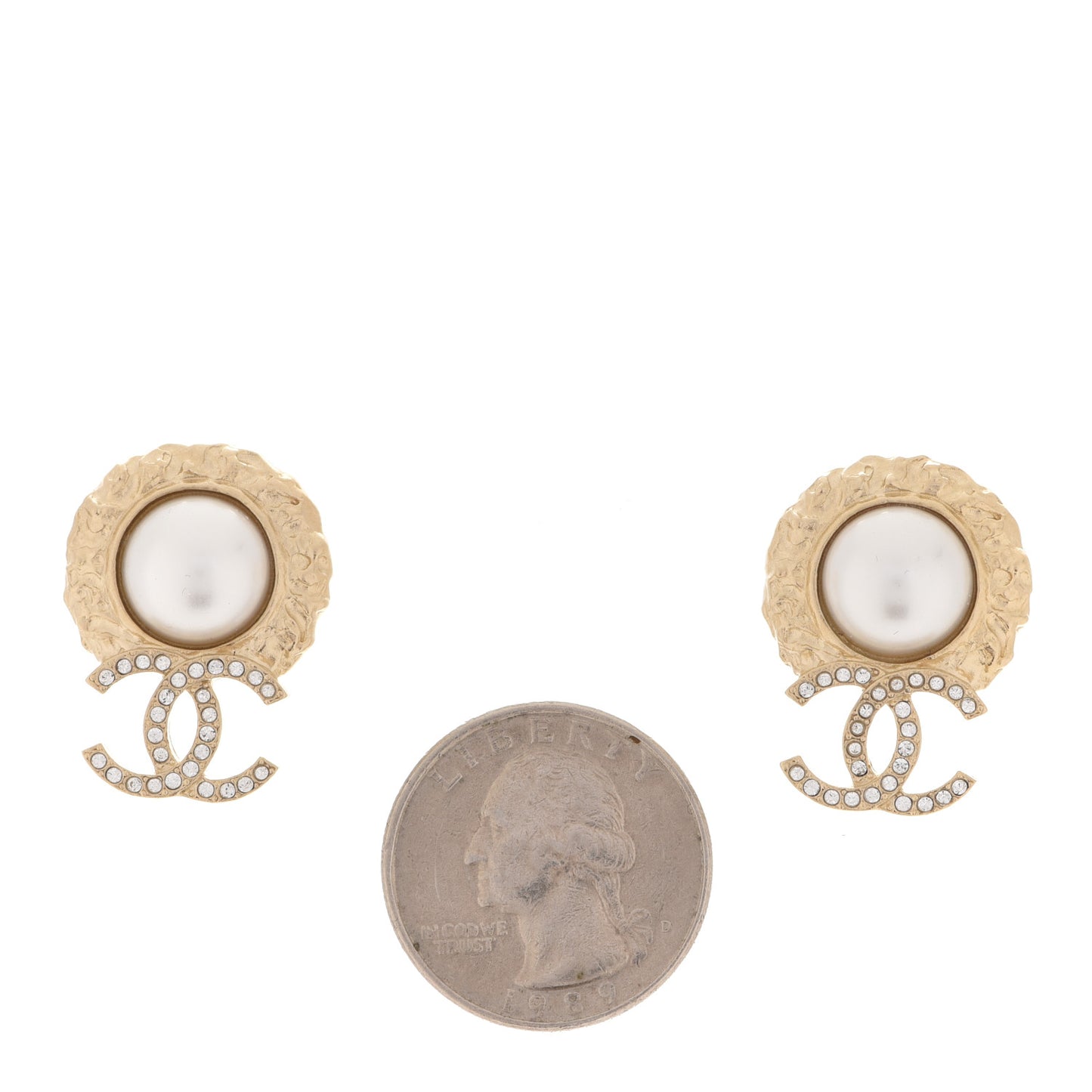 Crystal Pearl Textured CC Round Drop Earrings Gold