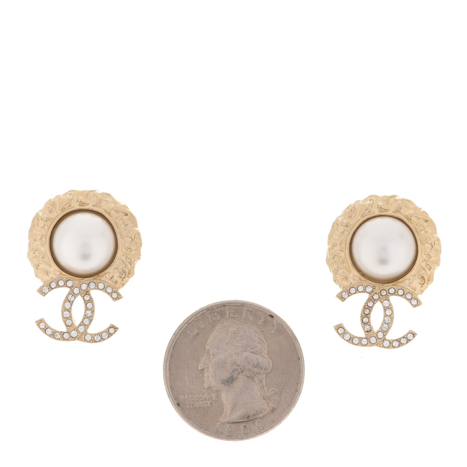 Chanel Crystal Pearl Textured CC Round Drop Earrings Gold 2 of 5
