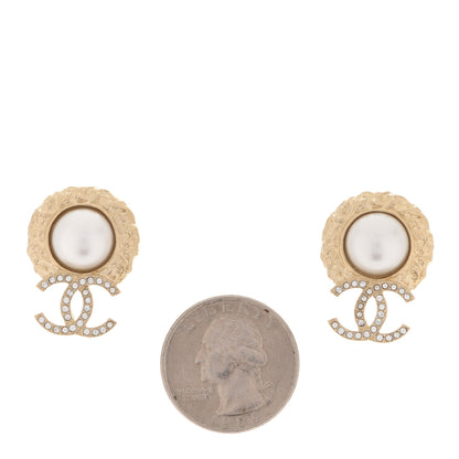 Chanel Crystal Pearl Textured CC Round Drop Earrings Gold 2 of 5