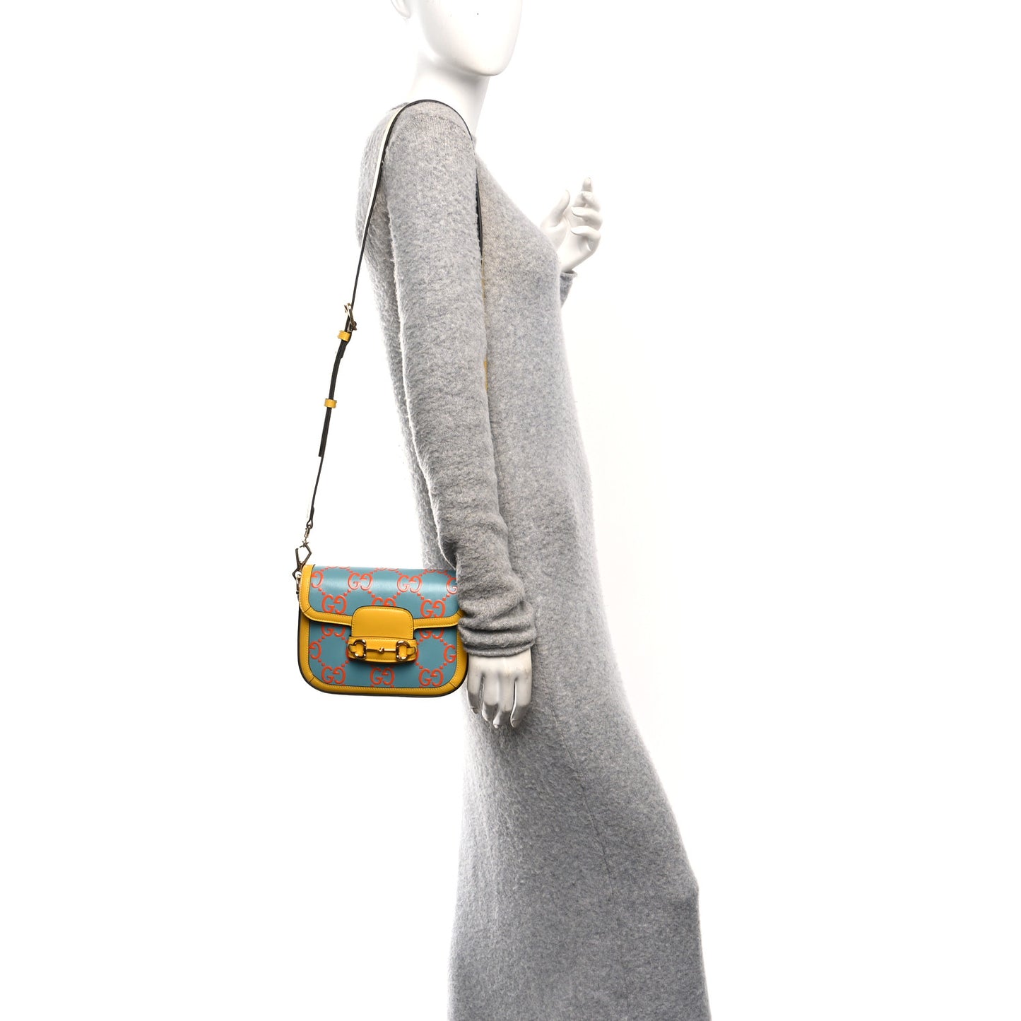 Azalea Calfskin GG Monogram Bi-Color Debossed Mini Horsebit 1955 Shoulder Bag Dusty Azure Stone Topaz Deep Orange