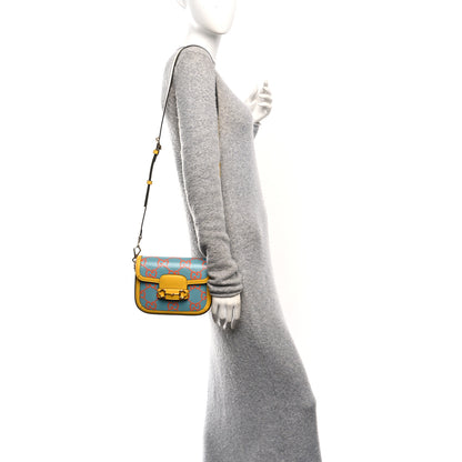 Gucci Azalea Calfskin GG Monogram Bi-Color Debossed Mini Horsebit 1955 Shoulder Bag Dusty Azure Stone Topaz Deep Orange 2 of 10