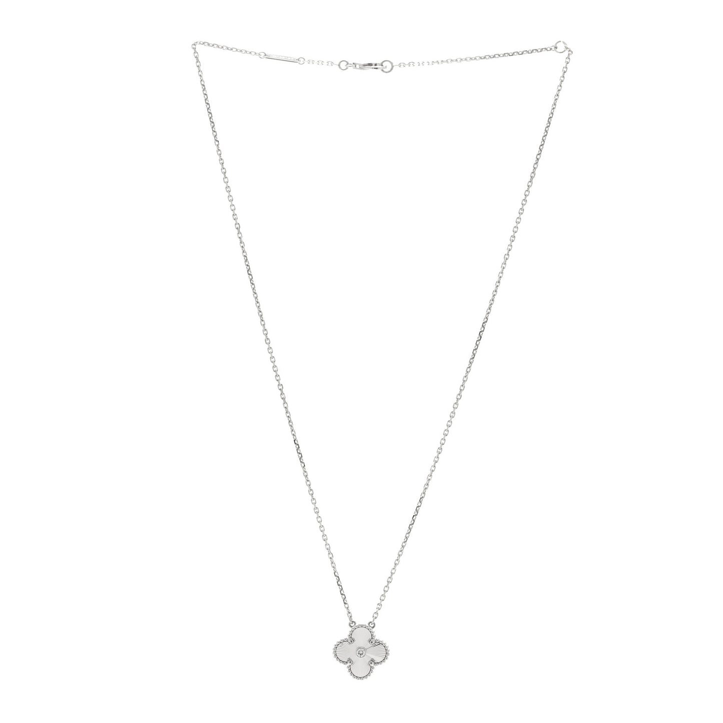 18K White Gold Diamond Guilloche Vintage Alhambra Pendant Necklace