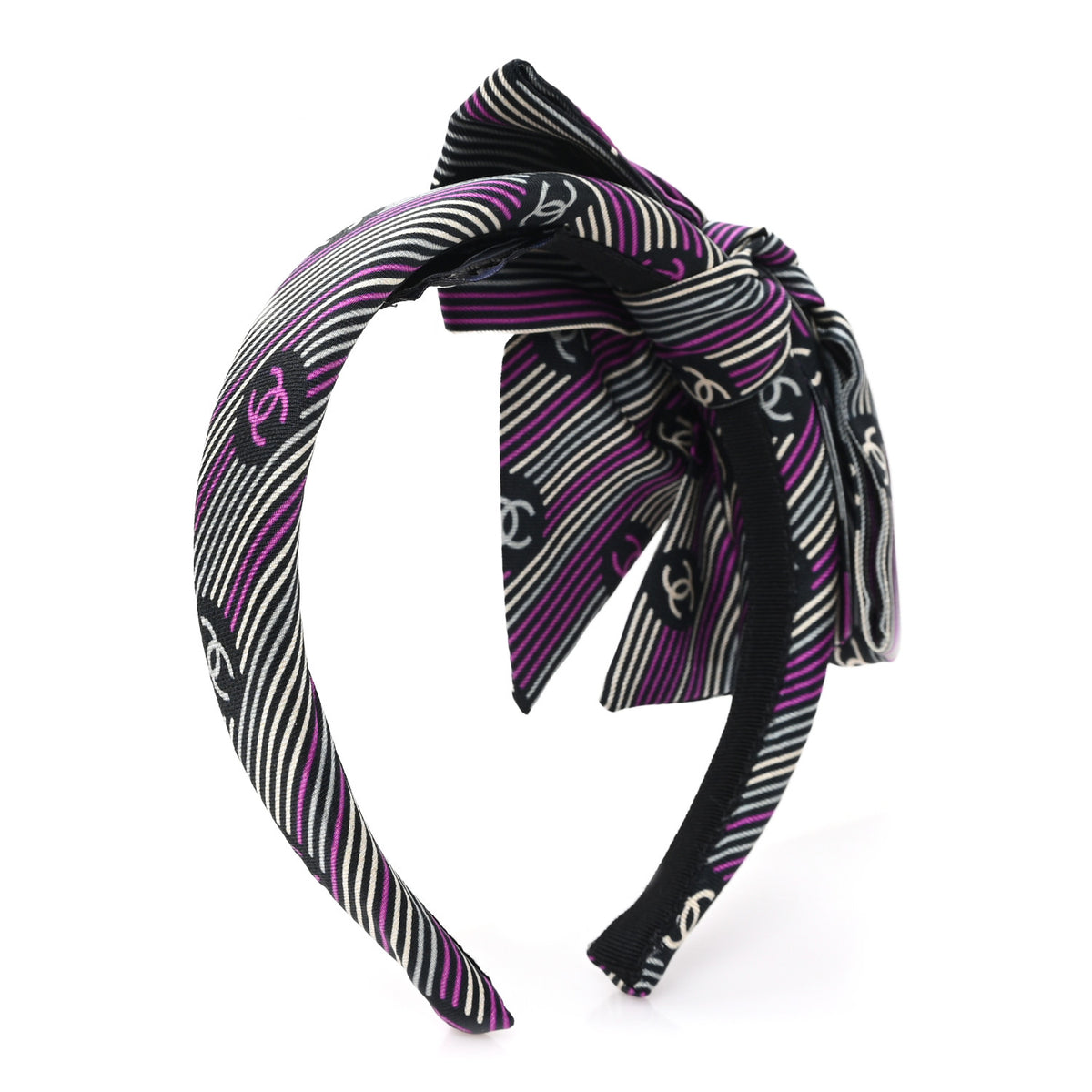 Silk Striped Bow CC Headband Black Fuchsia Grey Ecru