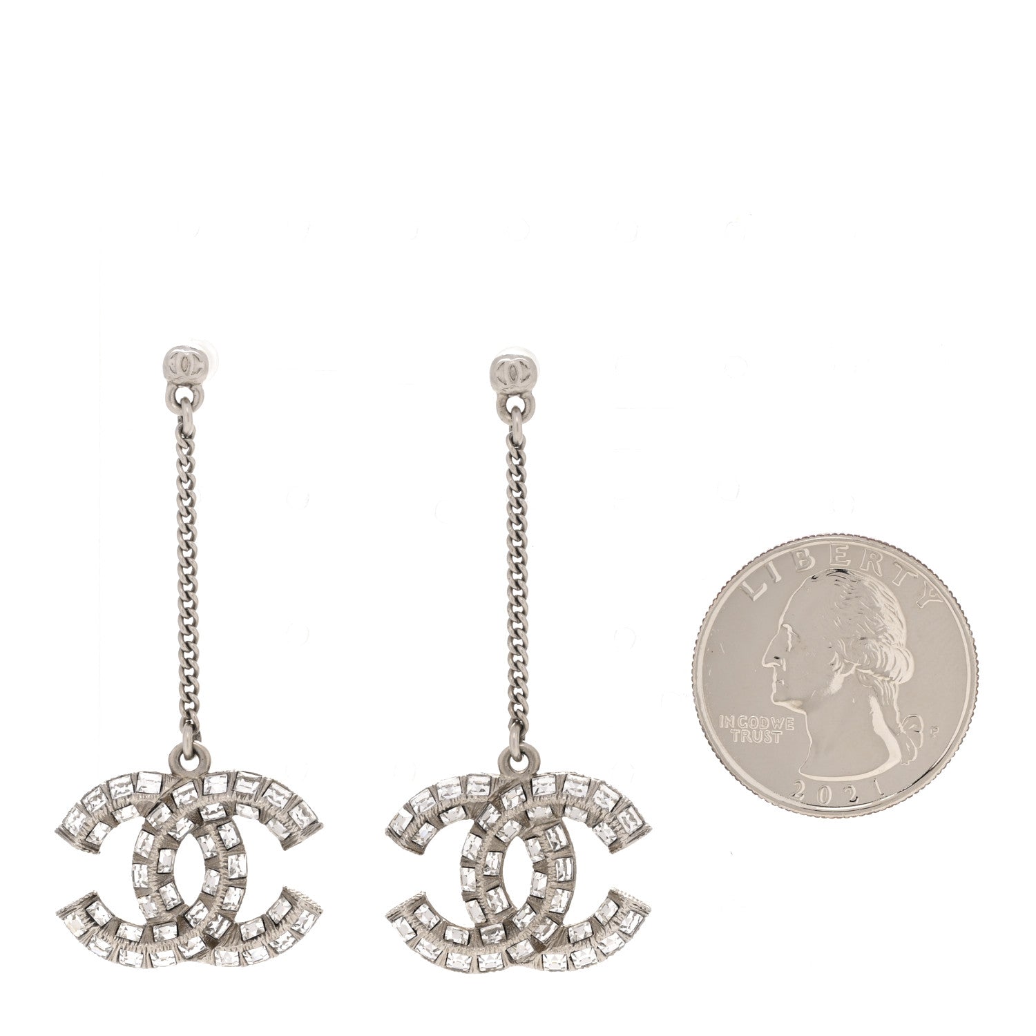 Chanel Baguette Crystal CC Drop Earrings Silver 2 of 5