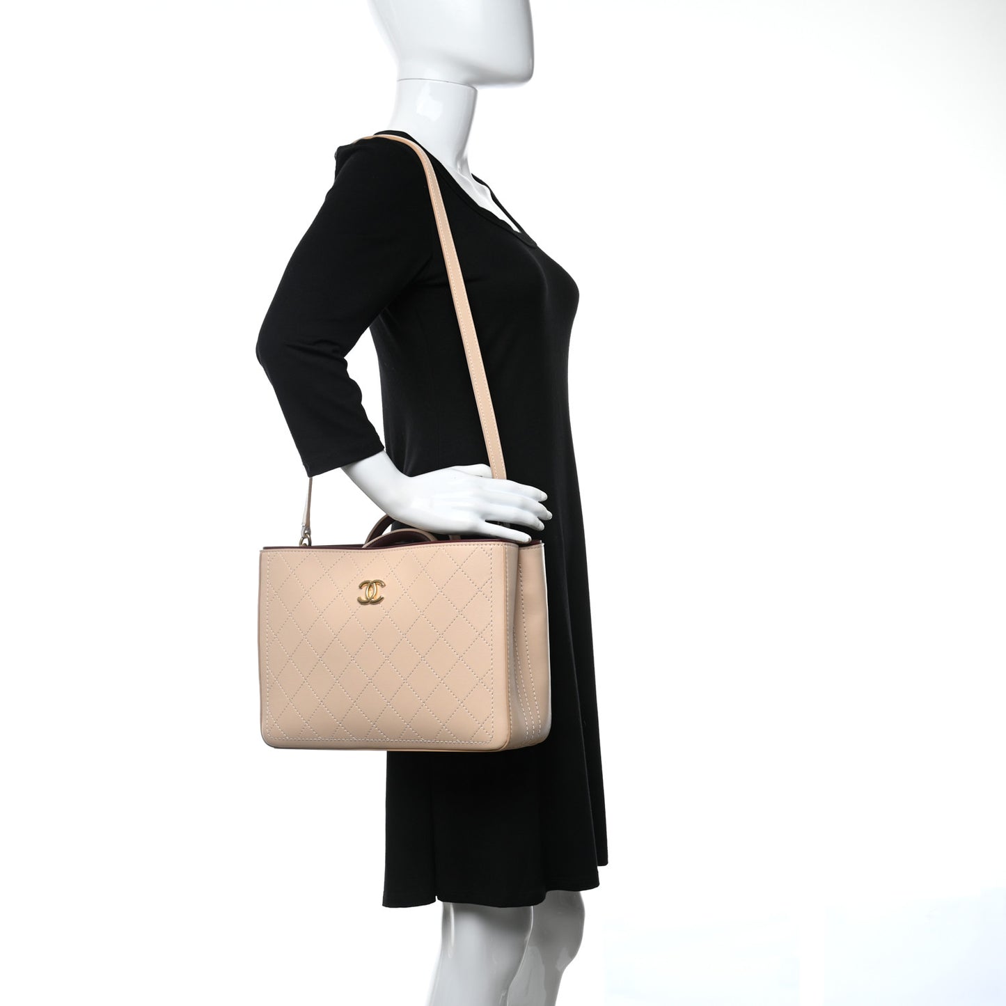 Bullskin Stitched Bi-Color Medium Shopping Tote Beige
