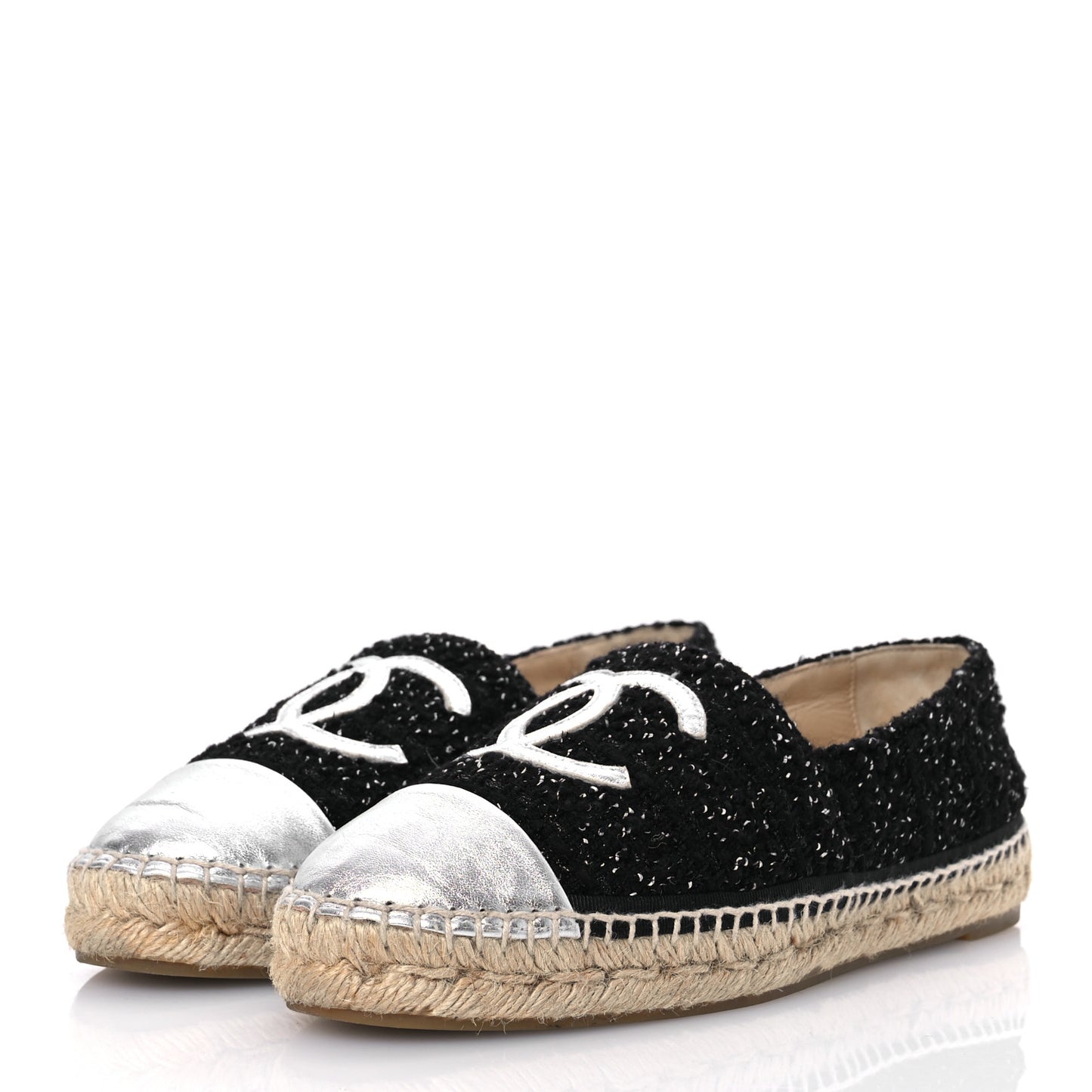 Metallic Lambskin Tweed CC Espadrilles 39 Black Silver