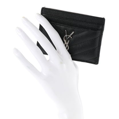 Saint Laurent Grain De Poudre Matelasse Chevron Monogram Credit Card Case Black 2 of 7