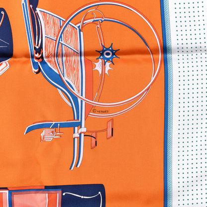 Hermes Silk Les Voitures A Transformation Scarf 90 Orange White Bleu 5 of 6