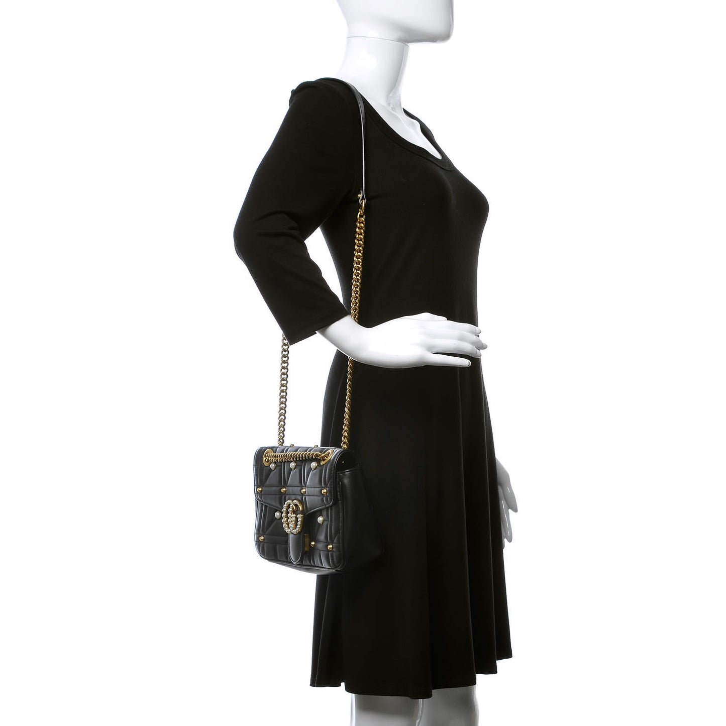 Calfskin Matelasse Studded Small Pearly GG Marmont Shoulder Bag Black