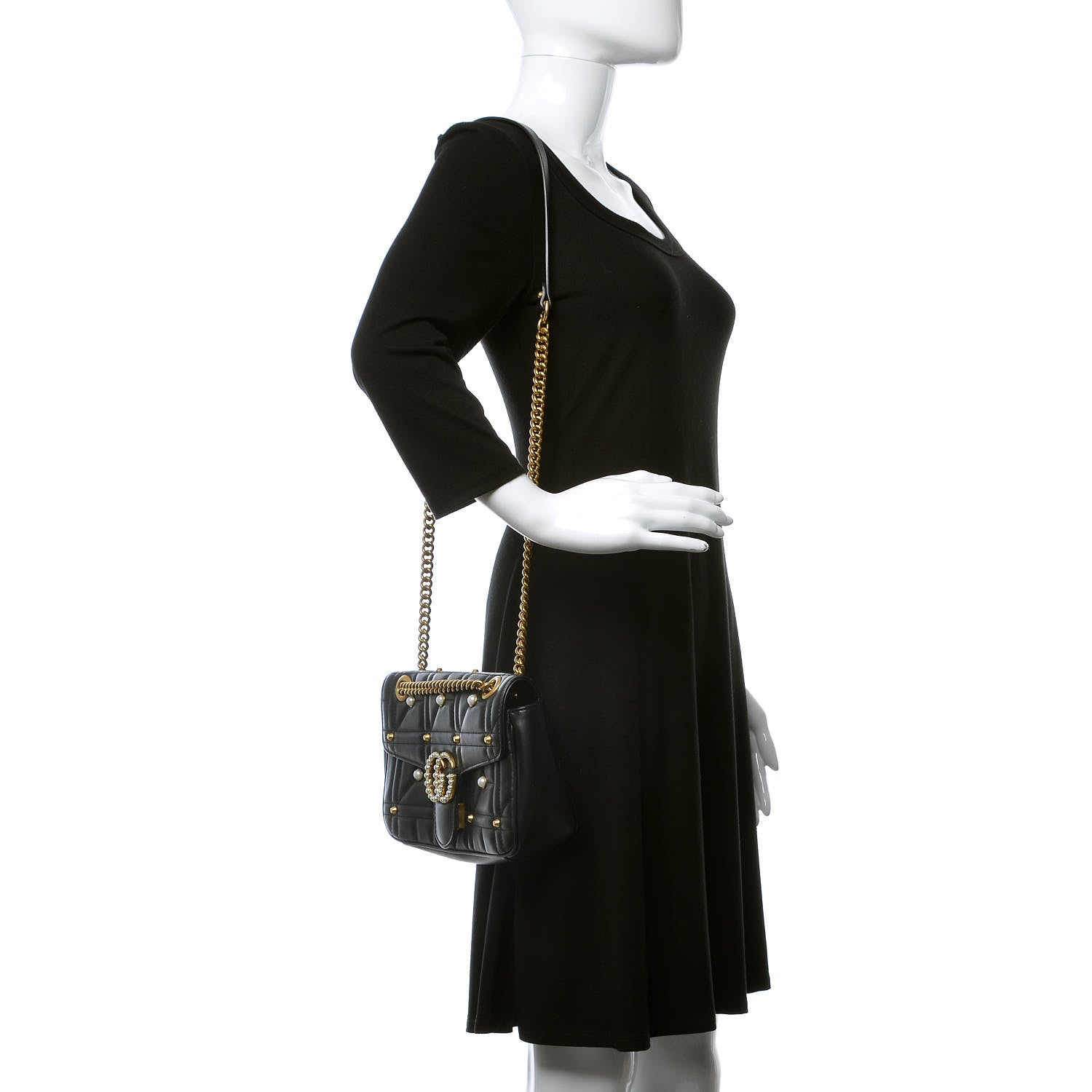 Gucci Calfskin Matelasse Studded Small Pearly GG Marmont Shoulder Bag Black 2 of 9