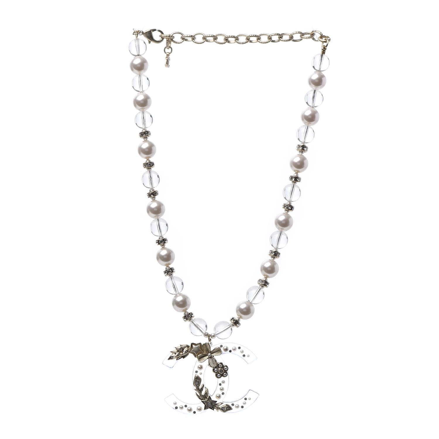 Chanel Resin Pearl Crystal CC Necklace Pearly White Transparent Gold 3 of 6