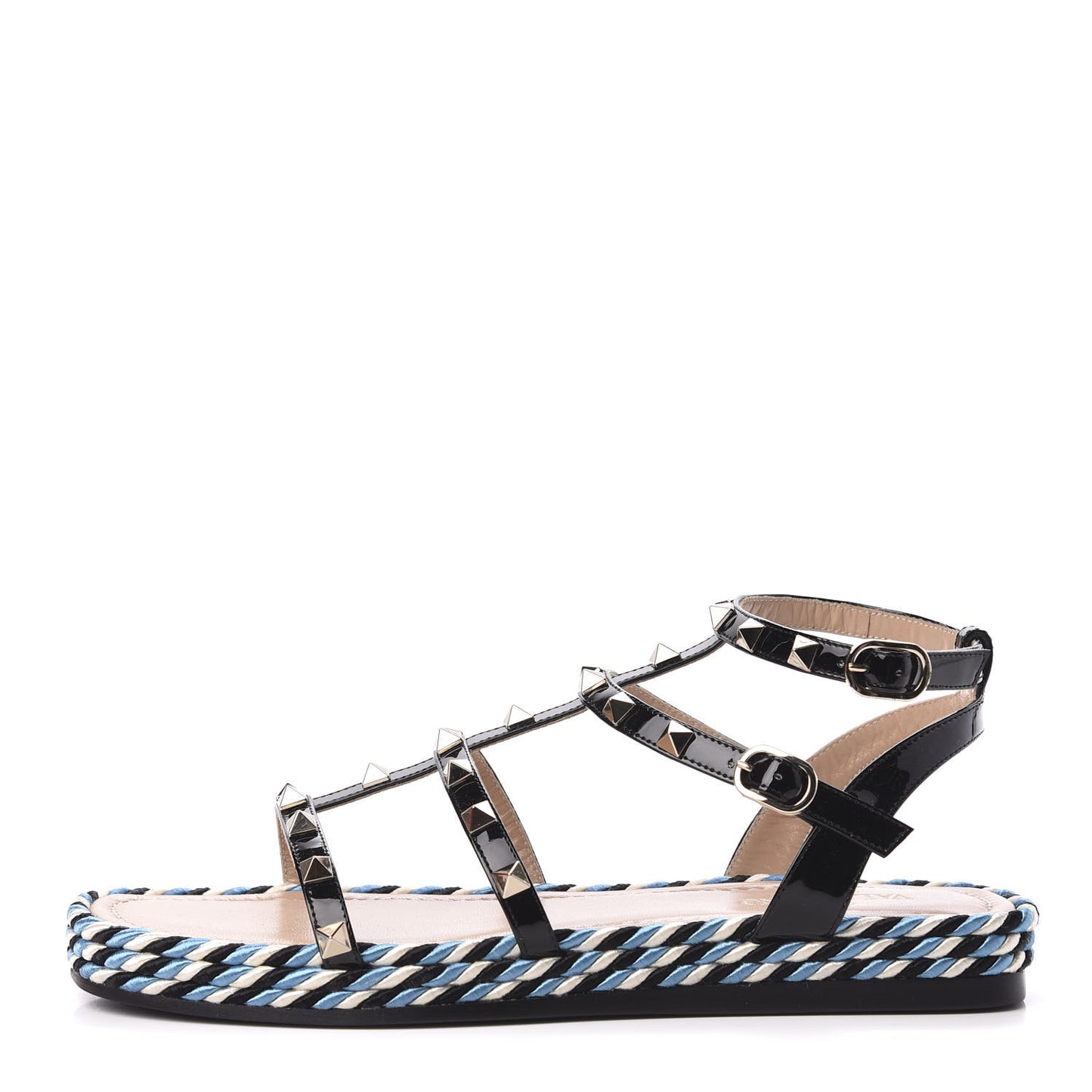 Patent Rockstud Torchon Espadrille Caged 30mm Flat Sandals 38 Black