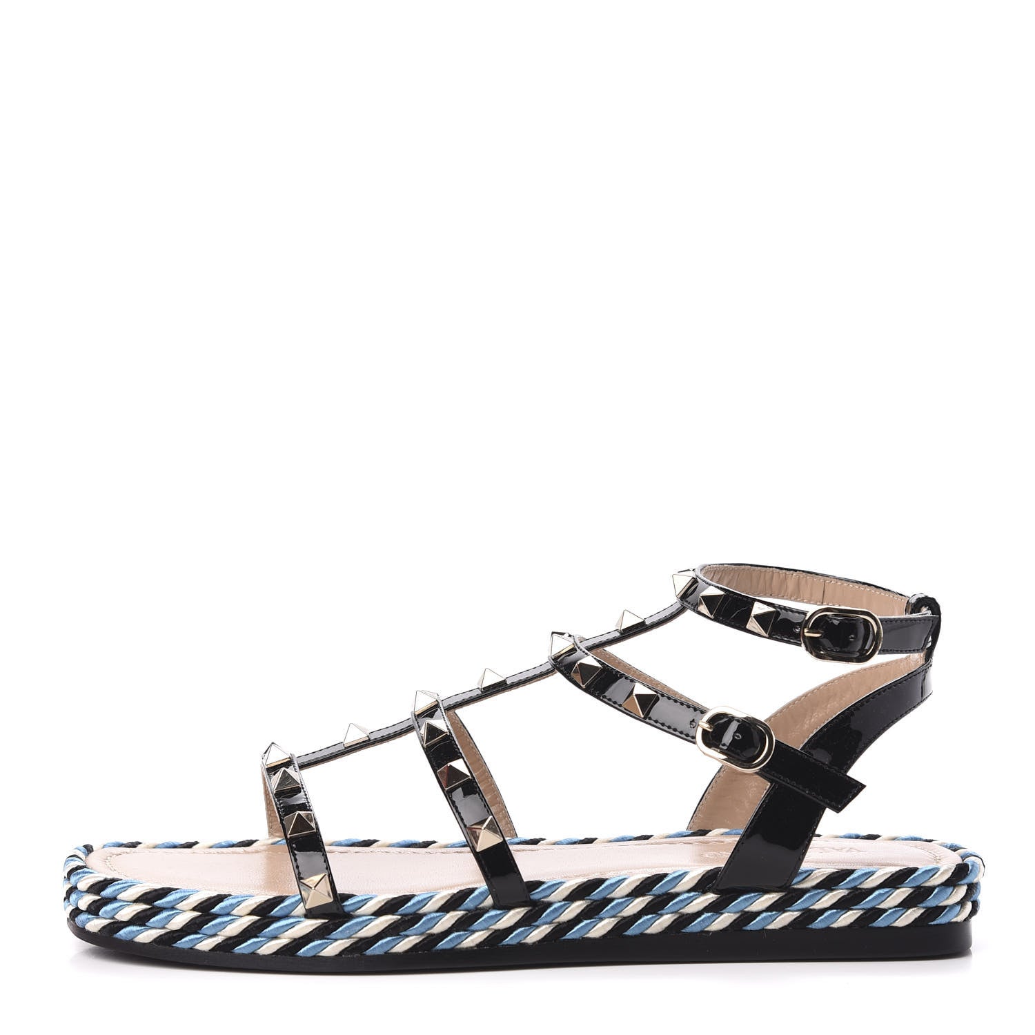 Valentino Garavani Patent Rockstud Torchon Espadrille Caged 30mm Flat Sandals 38 Black 1 of 8