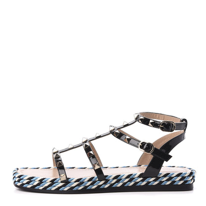 Valentino Garavani Patent Rockstud Torchon Espadrille Caged 30mm Flat Sandals 38 Black 1 of 8