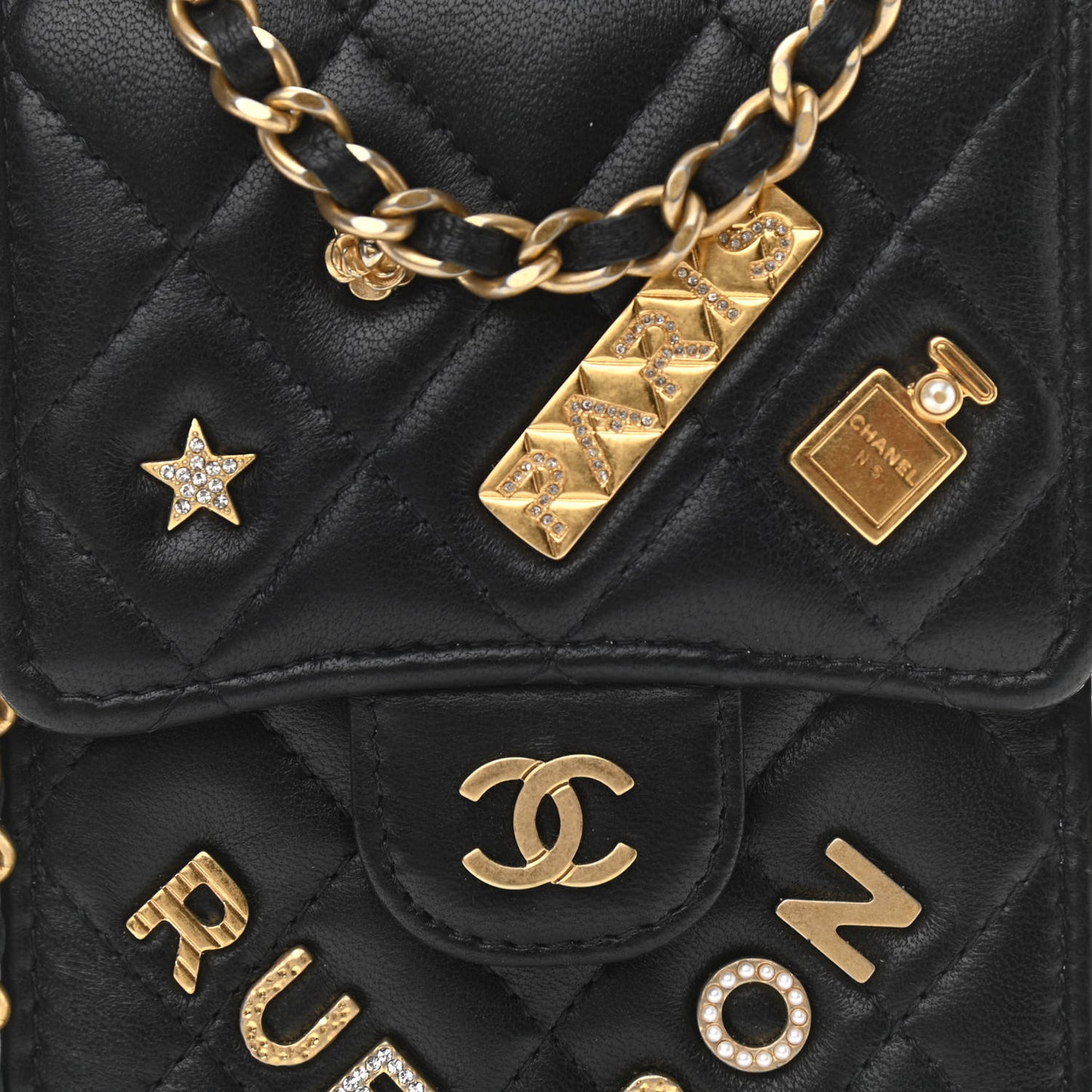 Lambskin Quilted Lucky Charm Phone Holder Black