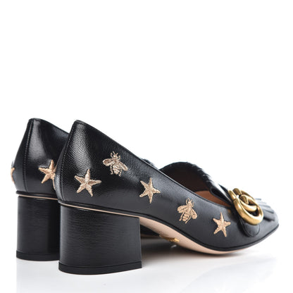 Gucci Quentin Goatskin Bee Star Embroidered GG Marmont Fringe 50mm Loafer Pumps 37 Black 4 of 12