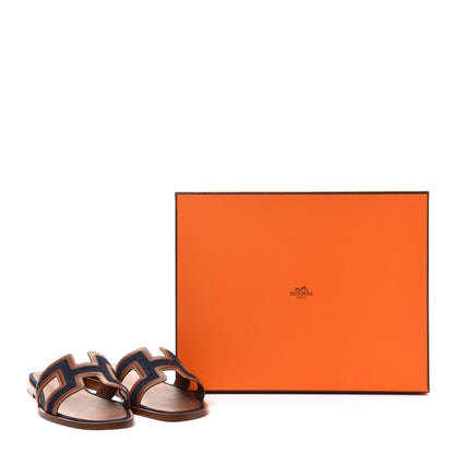 Hermes Calfskin Denim Oran Sandals 37.5 Bleu Brut Gold 9 of 9