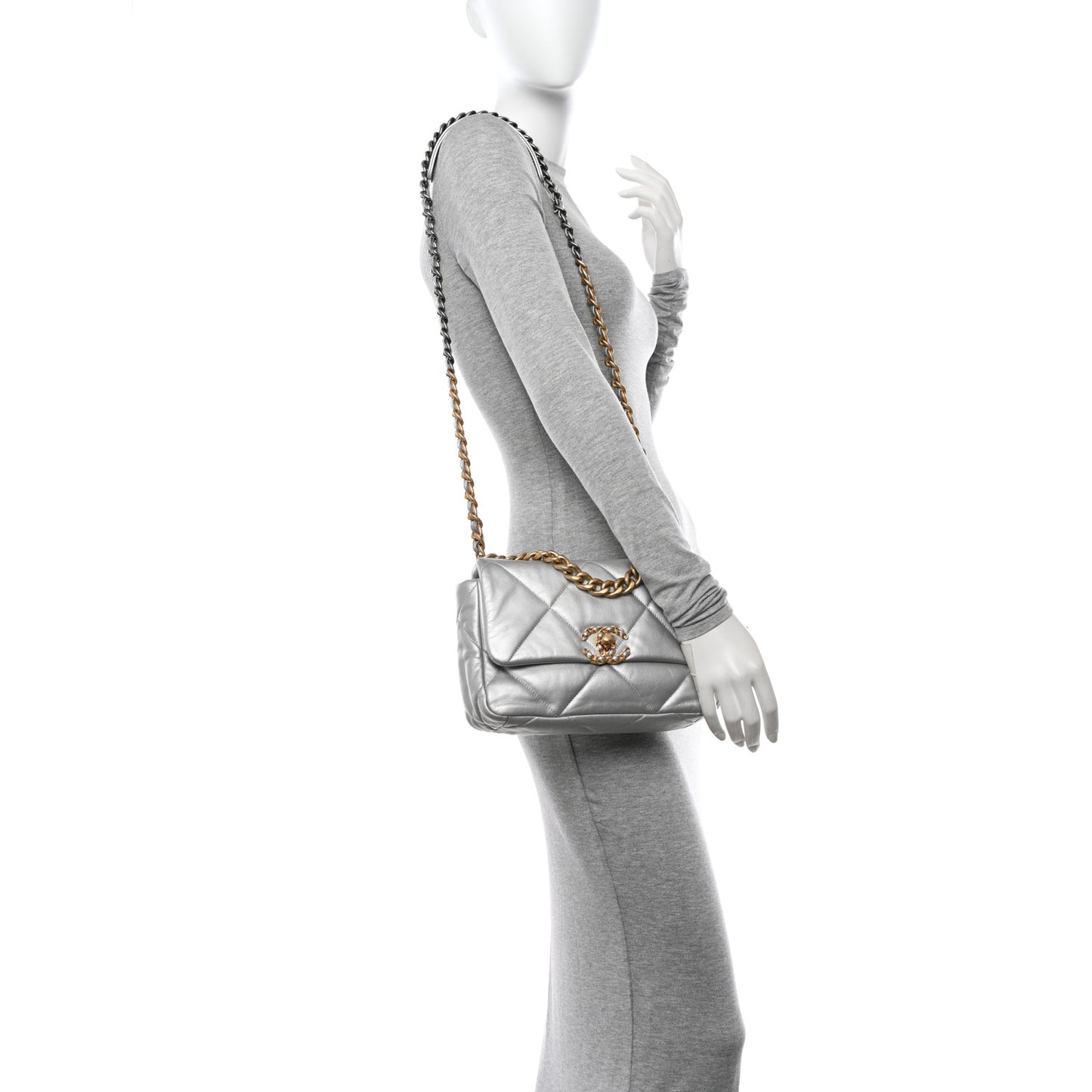 Metallic Lambskin Quilted Medium Chanel 19 Flap Silver