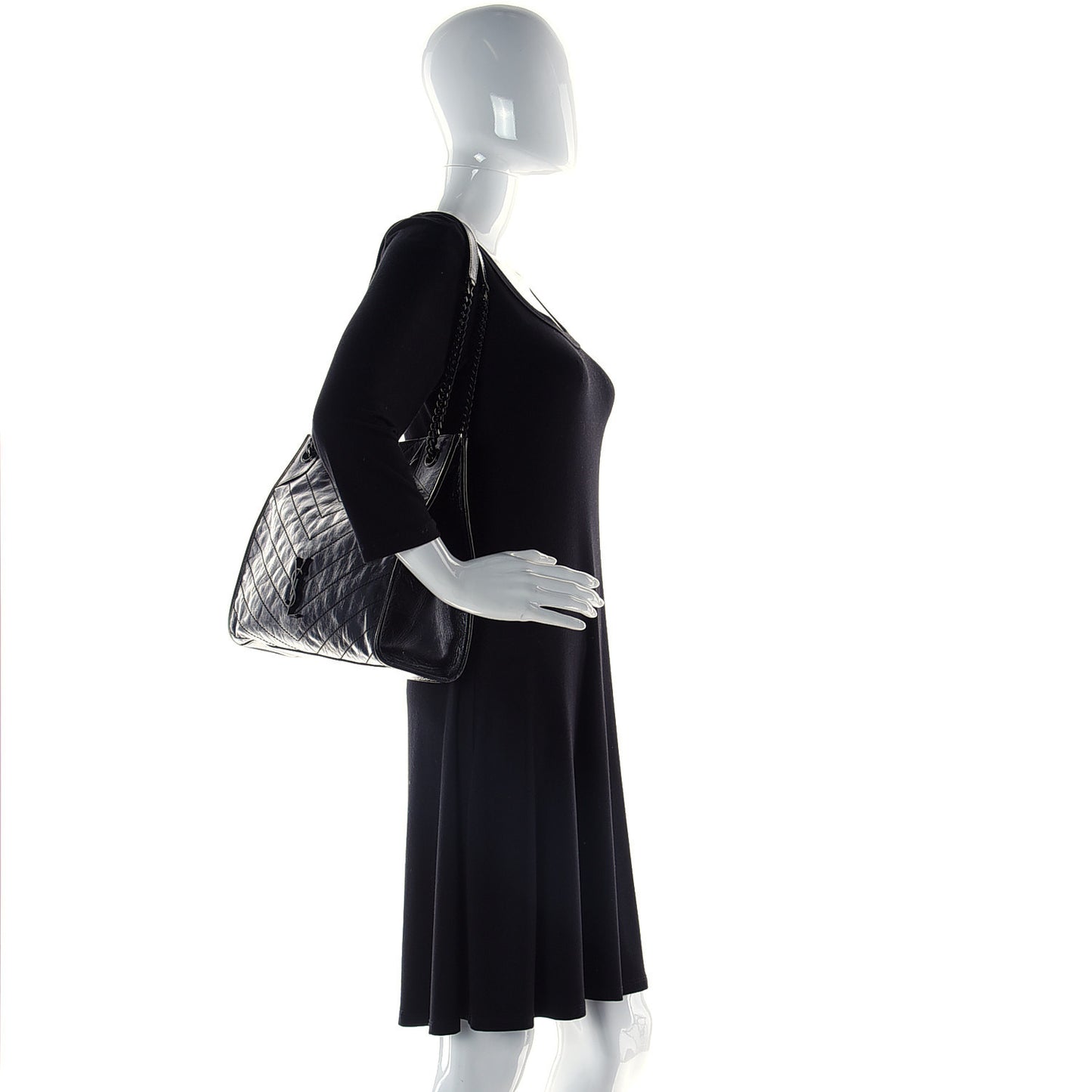 Crinkled Calfskin Matelasse Monogram Medium Niki Shopper Tote Black