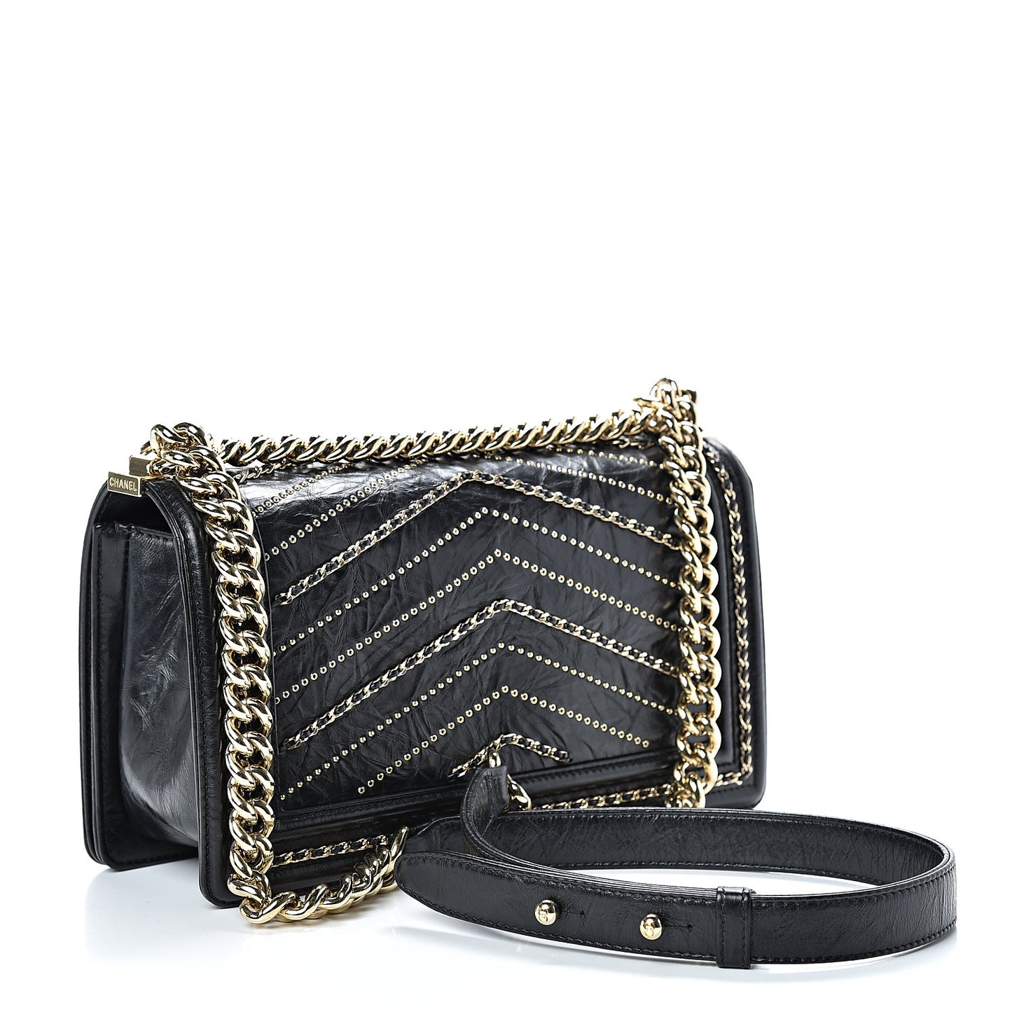 Crumpled Calfskin Chevron Chain Medium Boy Flap Black