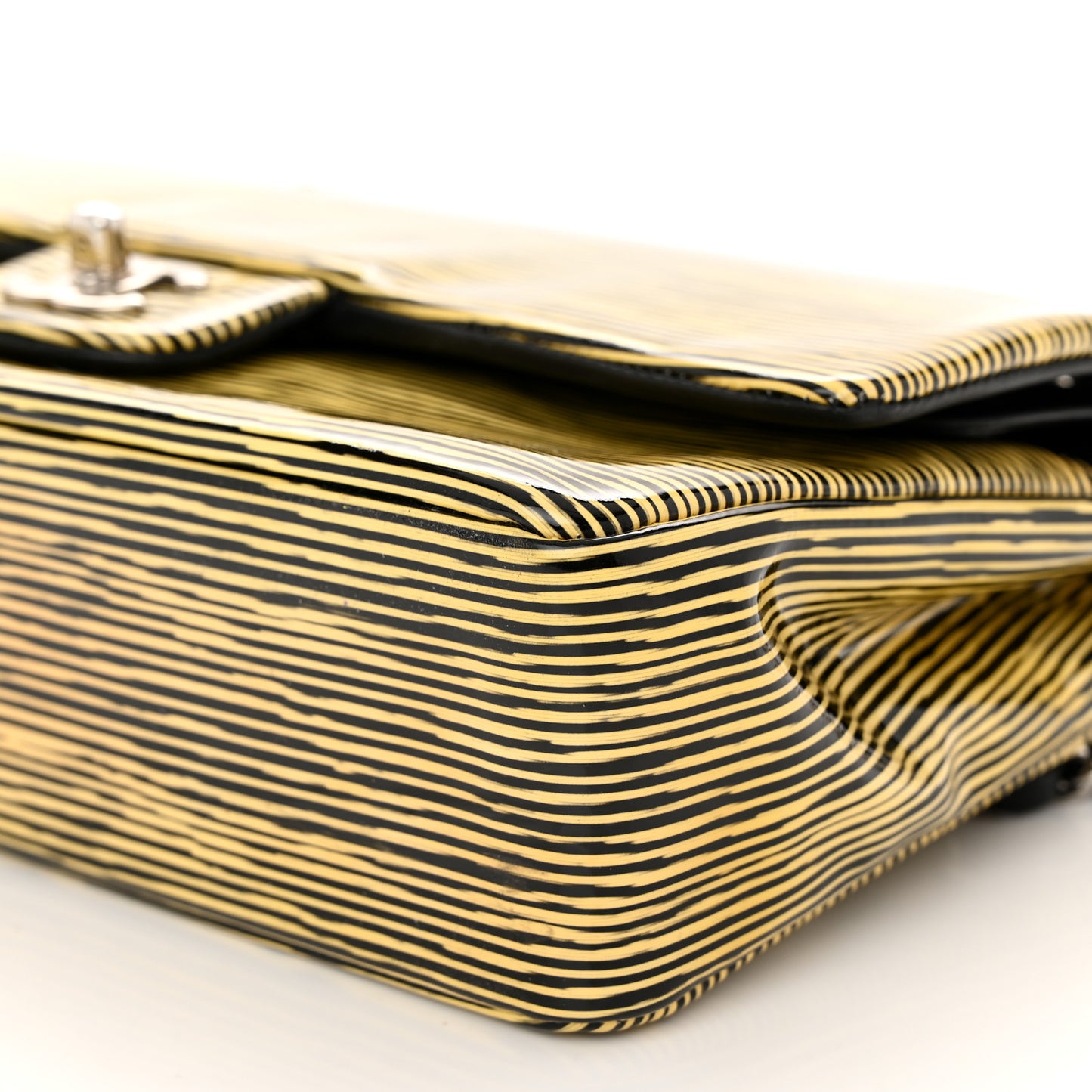 Patent Calfskin Striped Medium Double Flap Yellow Black