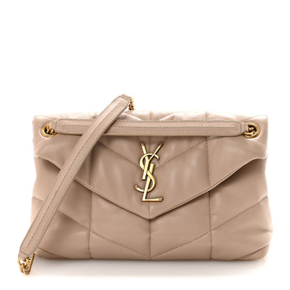 Saint Laurent Lambskin Quilted Small Loulou Puffer Monogram Chain Satchel Dark Beige 1 of 9