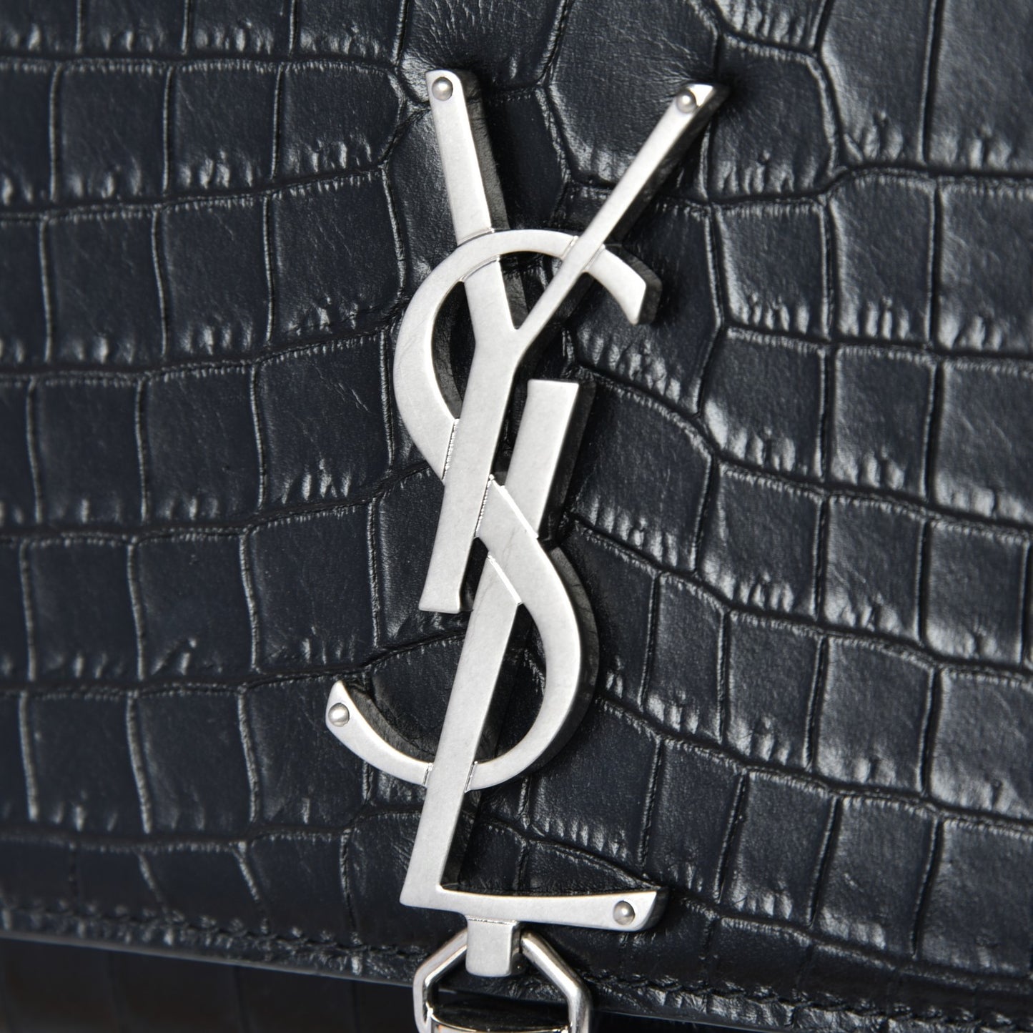 Calfskin Crocodile Embossed Monogram Small Kate Tassel Satchel Black