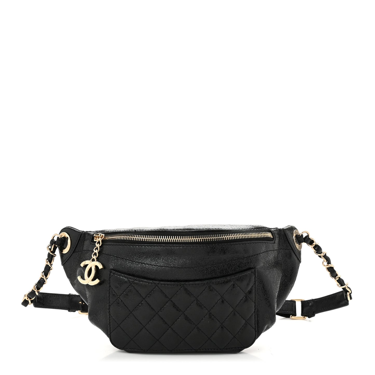 Crumpled Glazed Lambskin Quilted Waist Bag Fanny Pack Black