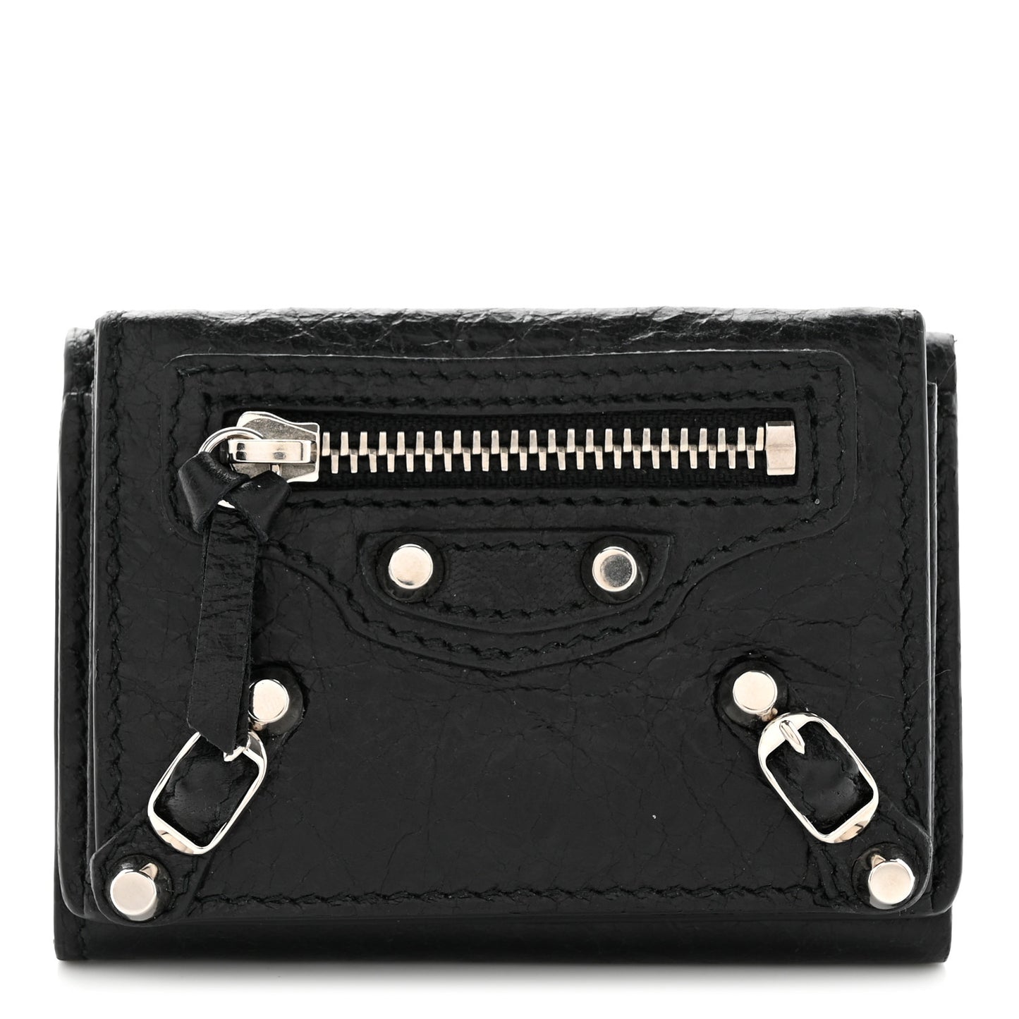 Agneau Arena Classic Silver Hardware Mini Wallet Black