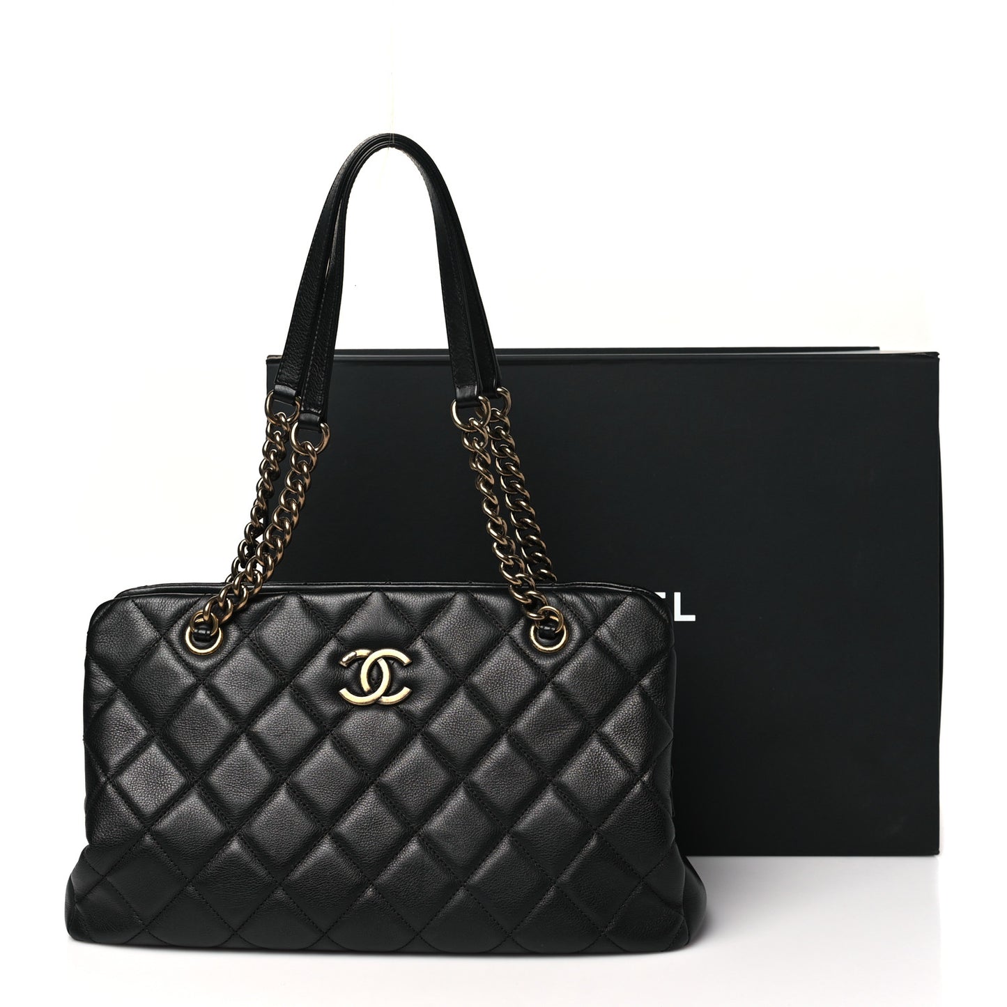 Calfskin Quilted Small CC Crown Tote Black