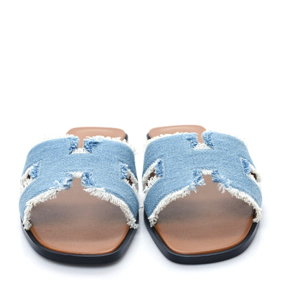 Hermes Denim Oran Fringe Sandals 38.5 Bleu Clair 2 of 8