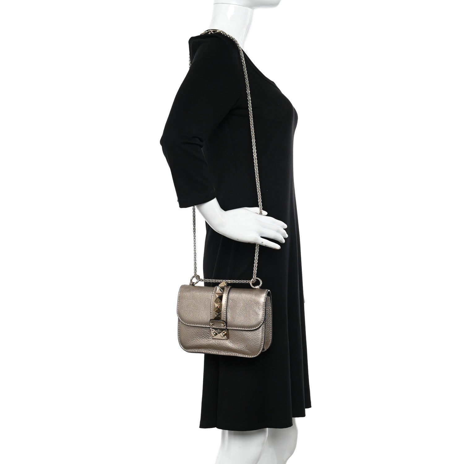 Valentino Garavani Metallic Vitello Small Glam Lock Rockstud Flap Platino 2 of 17