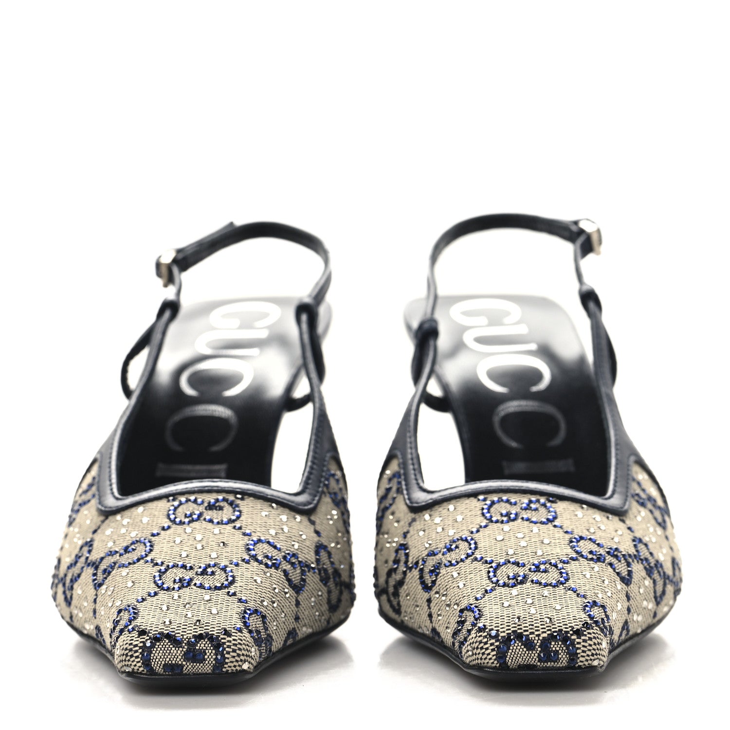 Gucci GG Monogram Malaga Kid Crystal Square G 75mm Slingback Pumps 36.5 Beige Blue 3 of 9
