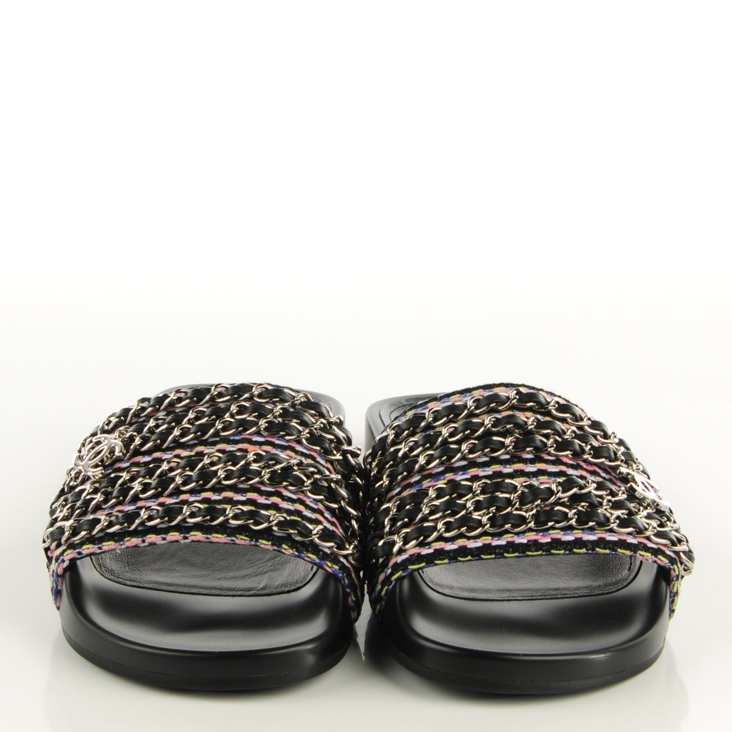 Tweed Lambskin Chain Flat Mules 37 Black Multicolor