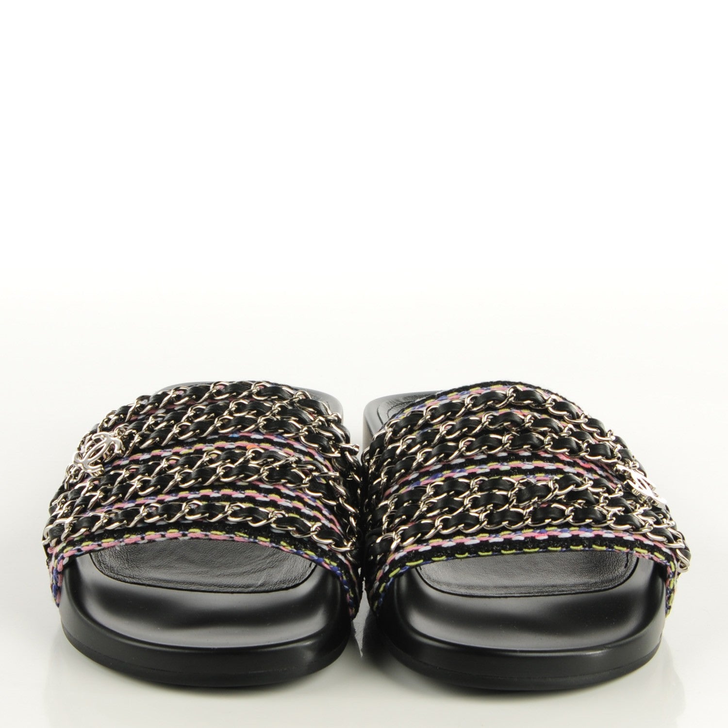 Chanel Tweed Lambskin Chain Flat Mules 37 Black Multicolor 2 of 8