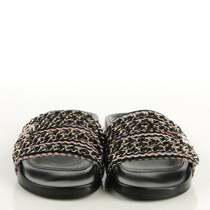 Chanel Tweed Lambskin Chain Flat Mules 37 Black Multicolor 2 of 8