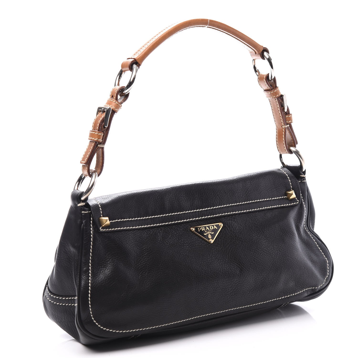 Prada Calfskin Metal Shoulder Bag Black Cuoio 2 of 10
