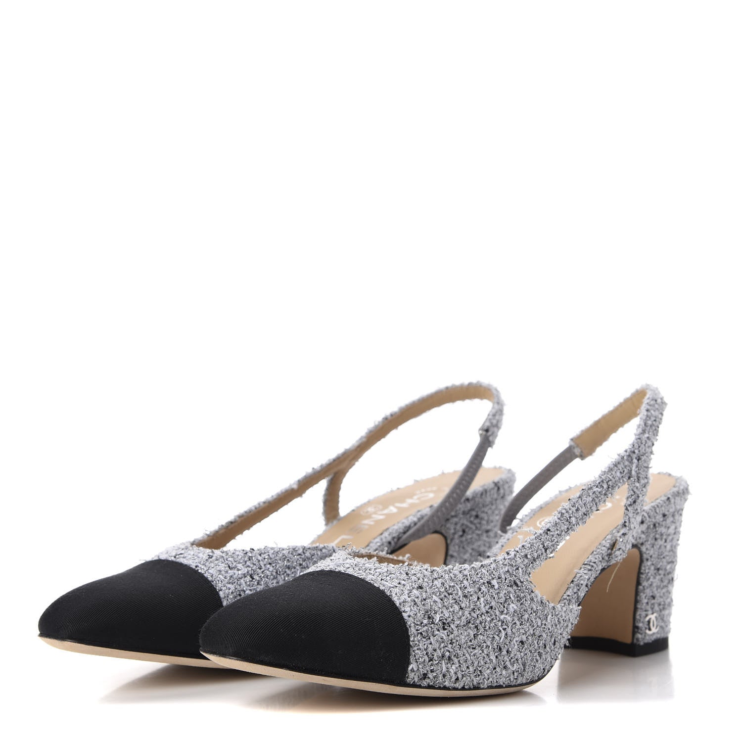 Chanel Tweed Grosgrain Cap Toe CC Slingback Pumps 38.5 Grey Silver Black 2 of 15