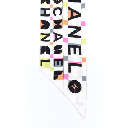 Chanel Silk Logo Slim Bandeau Scarf White Black Orange 2 of 4