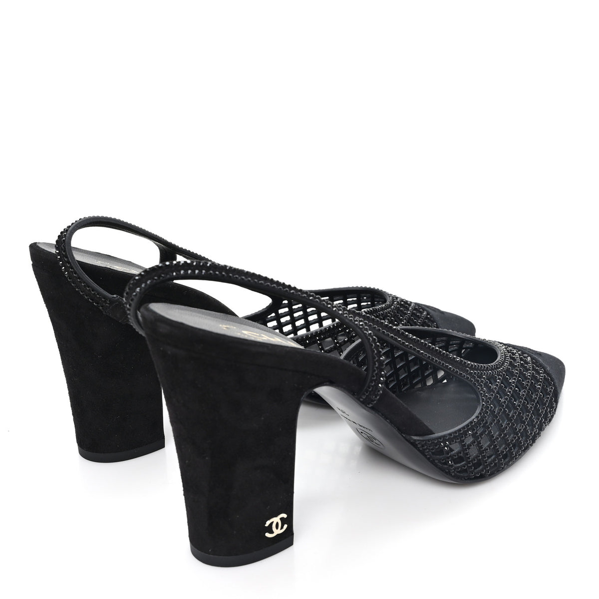 Chanel Suede Strass Grosgrain Cap Toe CC Slingback Pumps 39 Black 5 of 10