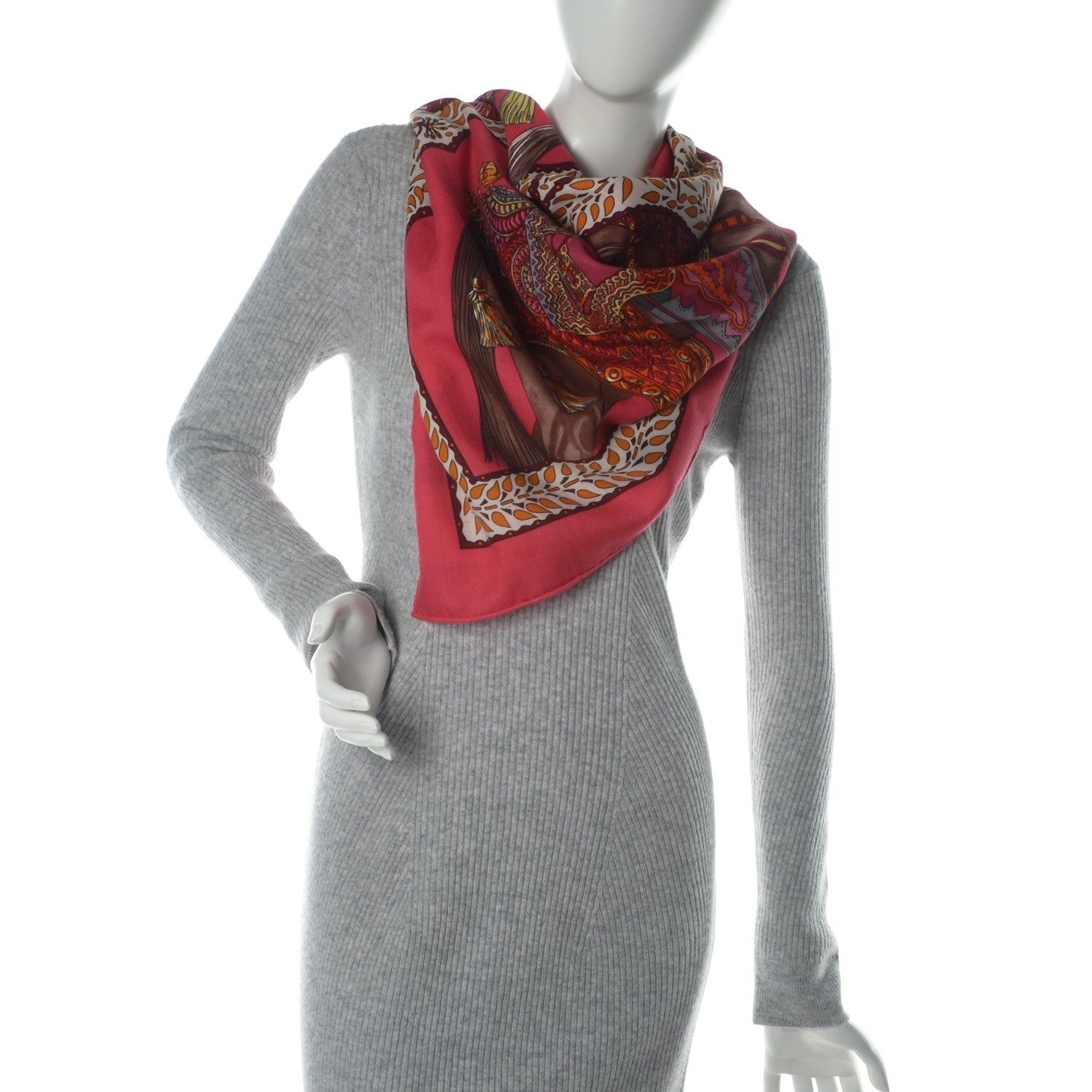 Hermes Cashmere Silk La Danse Du Cheval Marwari Shawl 140 Rose Vif Orange Fuchsia 2 of 5