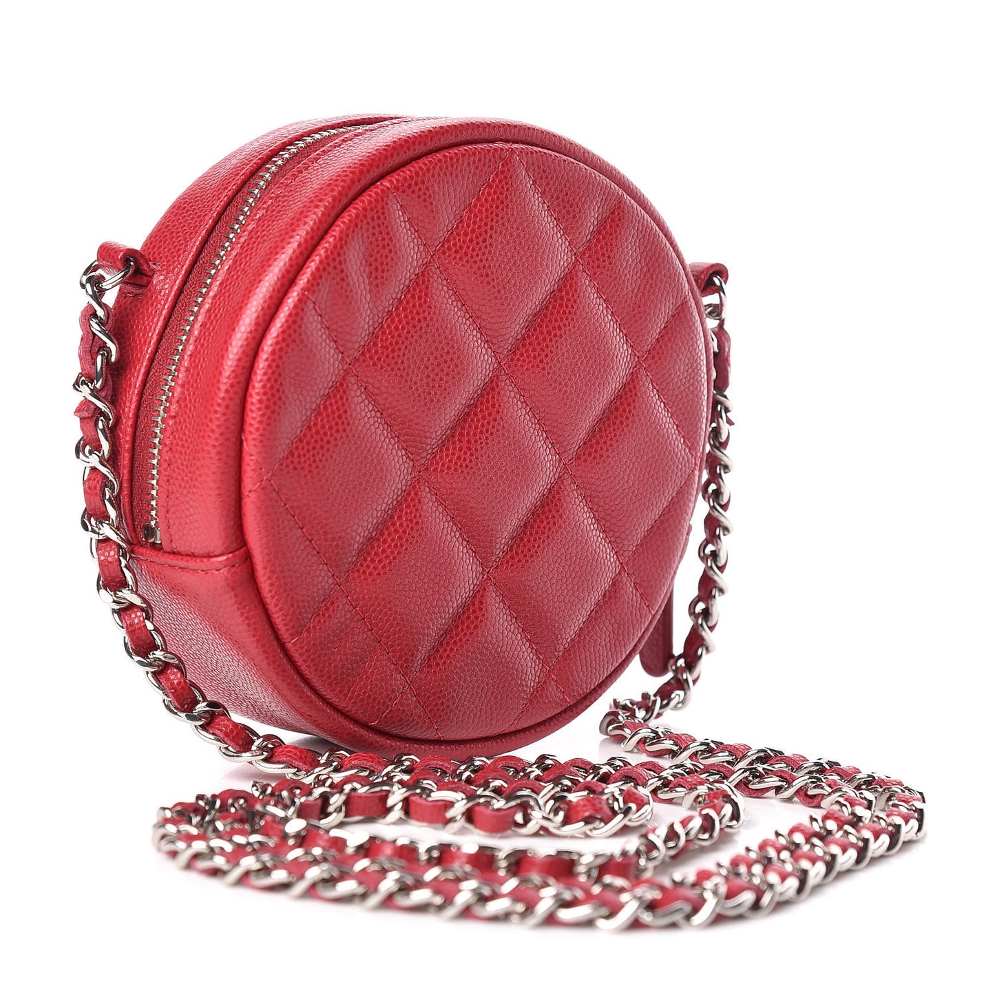 Shiny Caviar Quilted Round Clutch With Chain Pink
