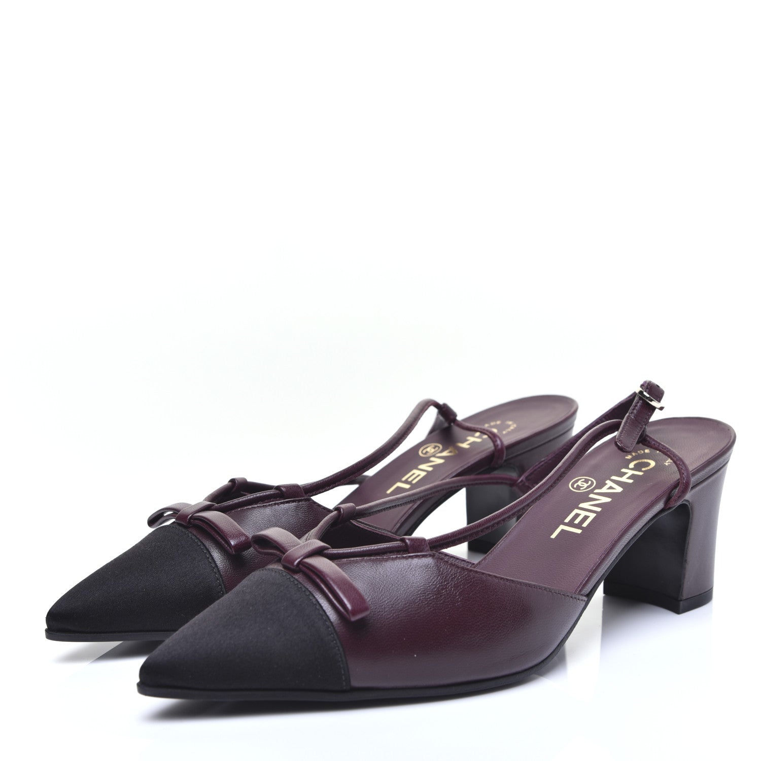 Chanel Lambskin Satin Slingback Cap Toe Bow Pumps 36.5 Burgundy Black 3 of 14