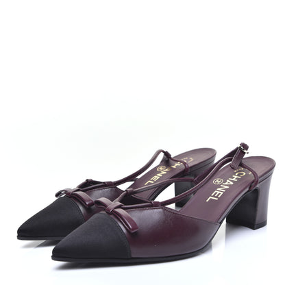 Chanel Lambskin Satin Slingback Cap Toe Bow Pumps 36.5 Burgundy Black 3 of 14