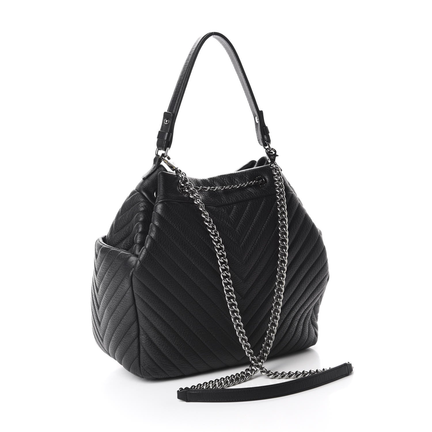 Chanel Deerskin Chevron Large CC Chain Bucket Drawstring Bag Black 3 of 10