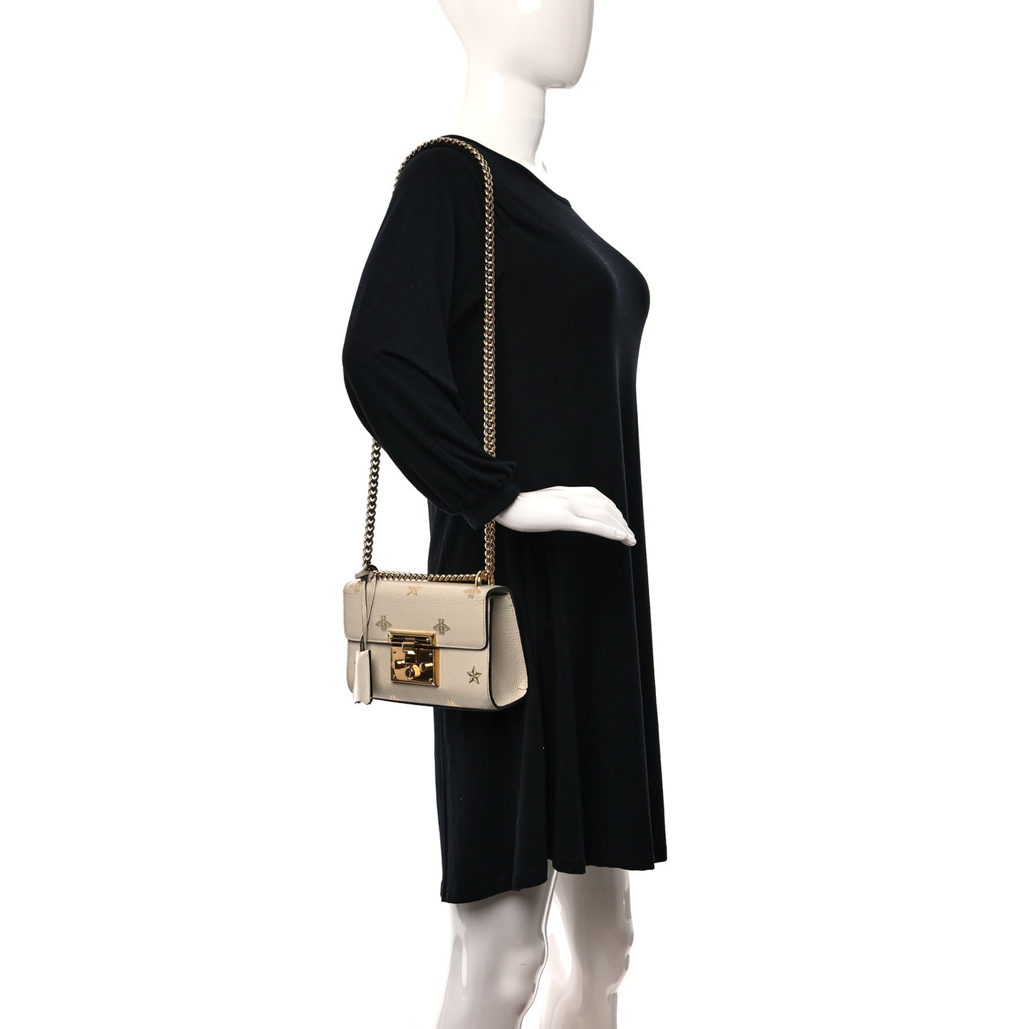 Grained Calfskin Bee Star Small Padlock Shoulder Bag White