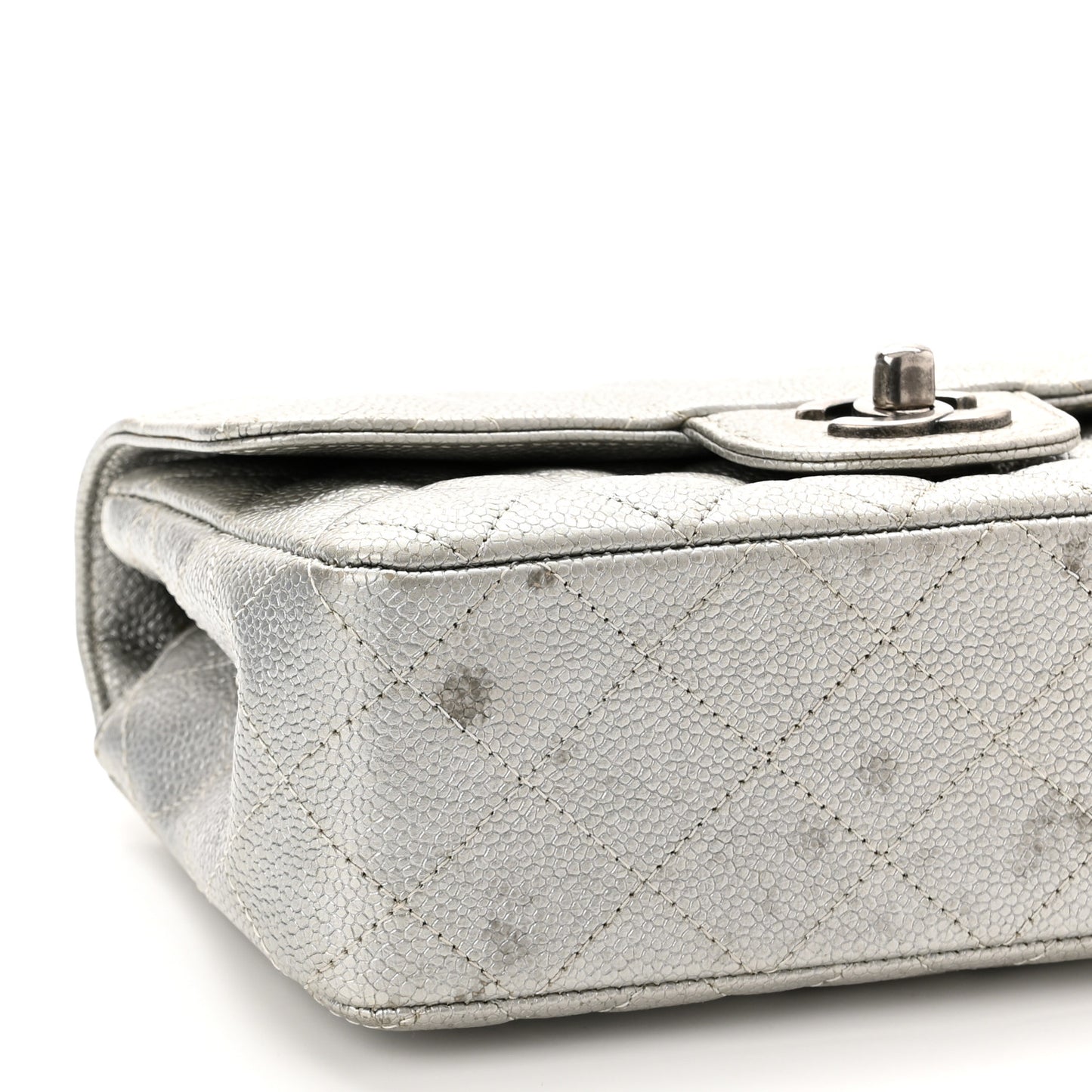 Metallic Caviar Quilted Mini Rectangular Flap Silver